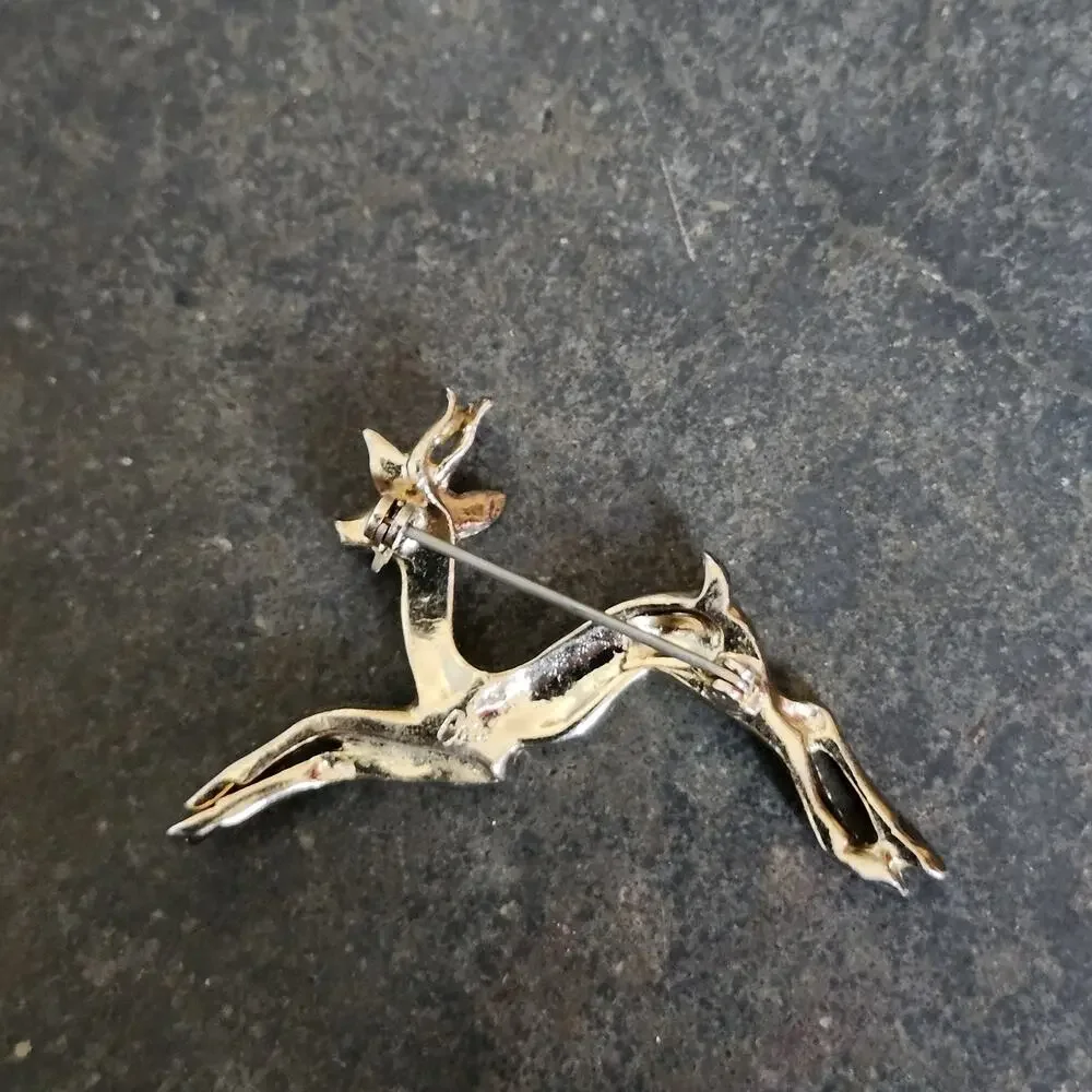 Vtg Gold Tone Brooch Pin Reindeer Ibex Gazelle Antelope Rhinestone Signed Cor.